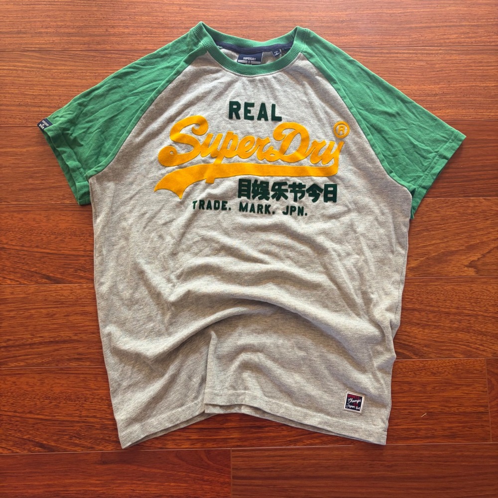 Y2K Abercrombie & Fitch Style Raglan Embroidered Superdry Spellout Grey Green L